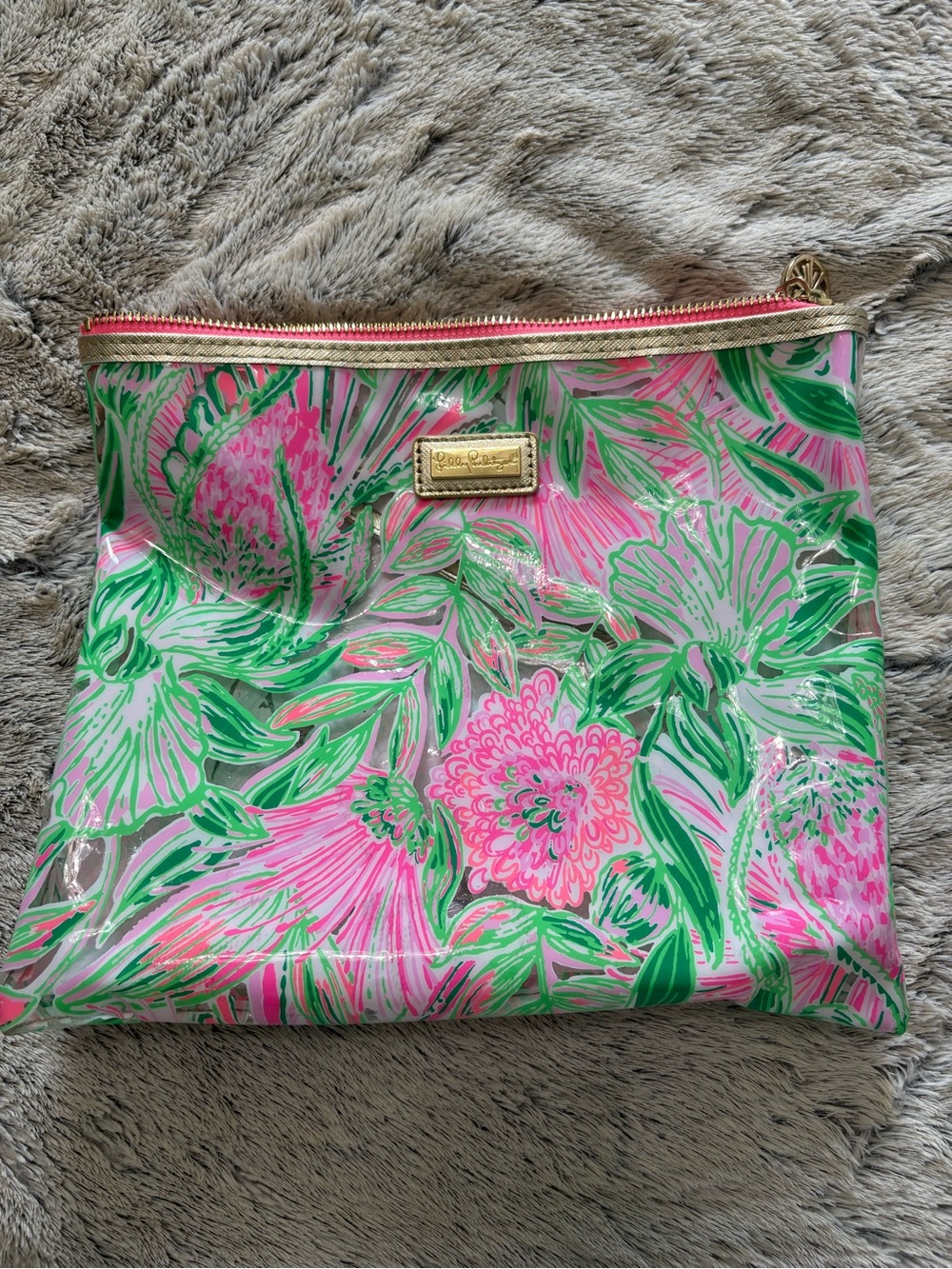 Lilly Pulitzer Clear Vinyl Tropical Print Zip Pouch Cosmetic Bag Clutch